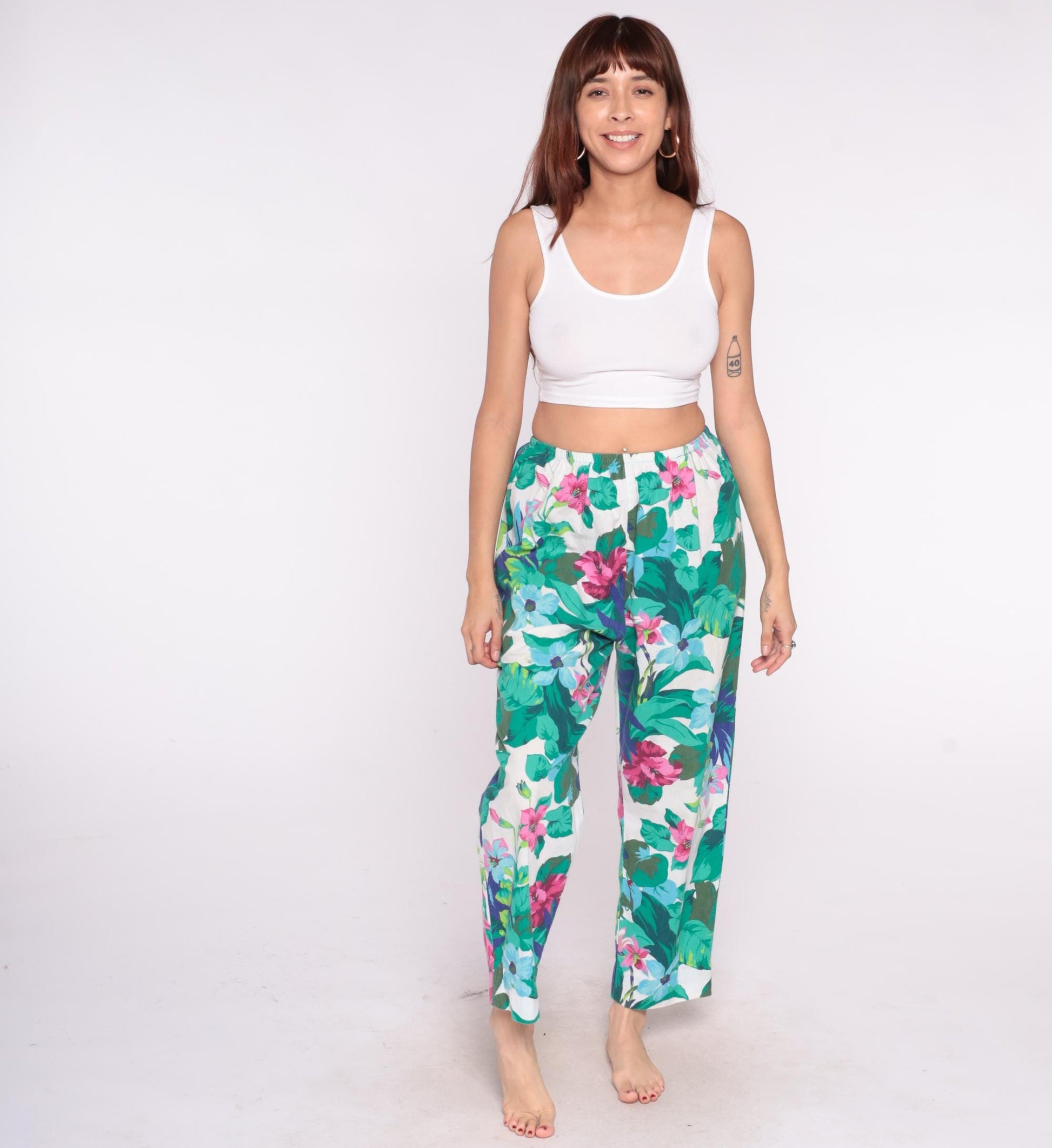 90s Tropical Floral Straight Leg Pants White Pink Green Elastic Waist Large L