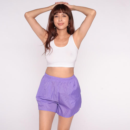80s Purple Athletic Shorts High Waist Elastic Nylon Running Medium M