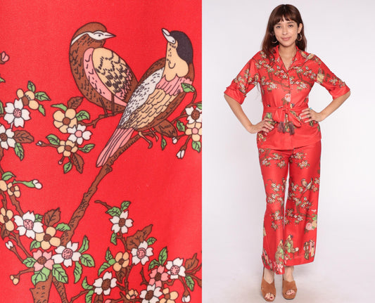 70s Leslie Fay Pheasant Cherry Blossom Two Piece Set Red Small
