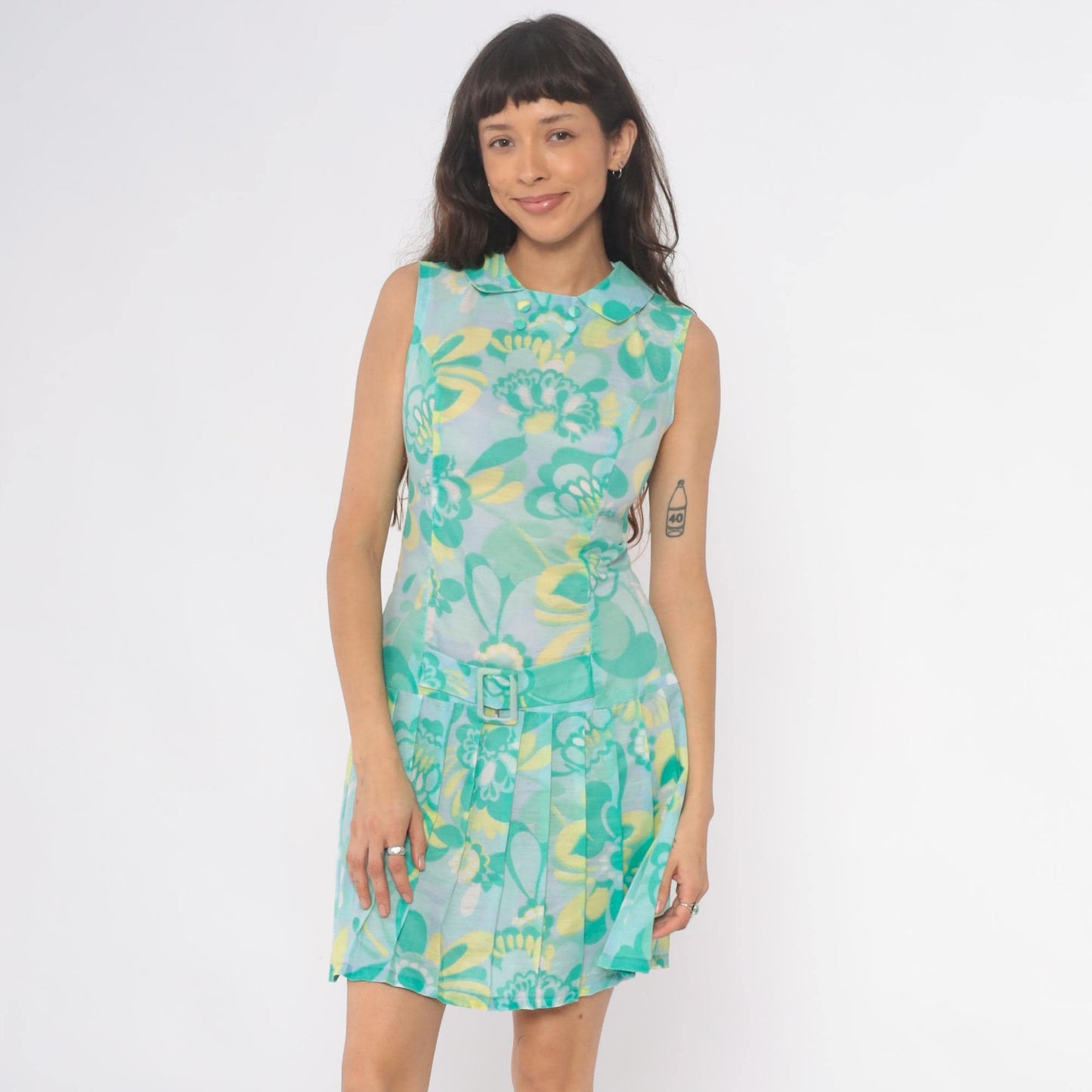 60s Mod Floral Drop Waist Dress Turquoise Peter Pan Collar Pleated Small