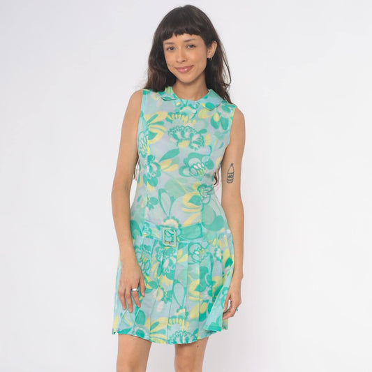 60s Mod Floral Drop Waist Dress Turquoise Peter Pan Collar Pleated Small