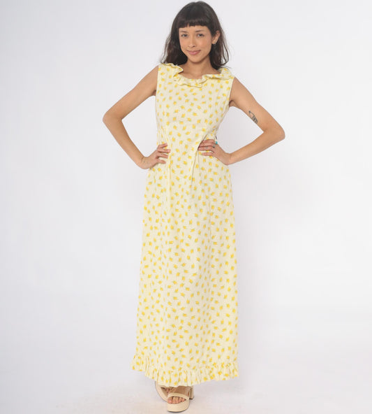 70s Yellow Floral Maxi Dress Sleeveless Ruffle Collar Empire Waist Small