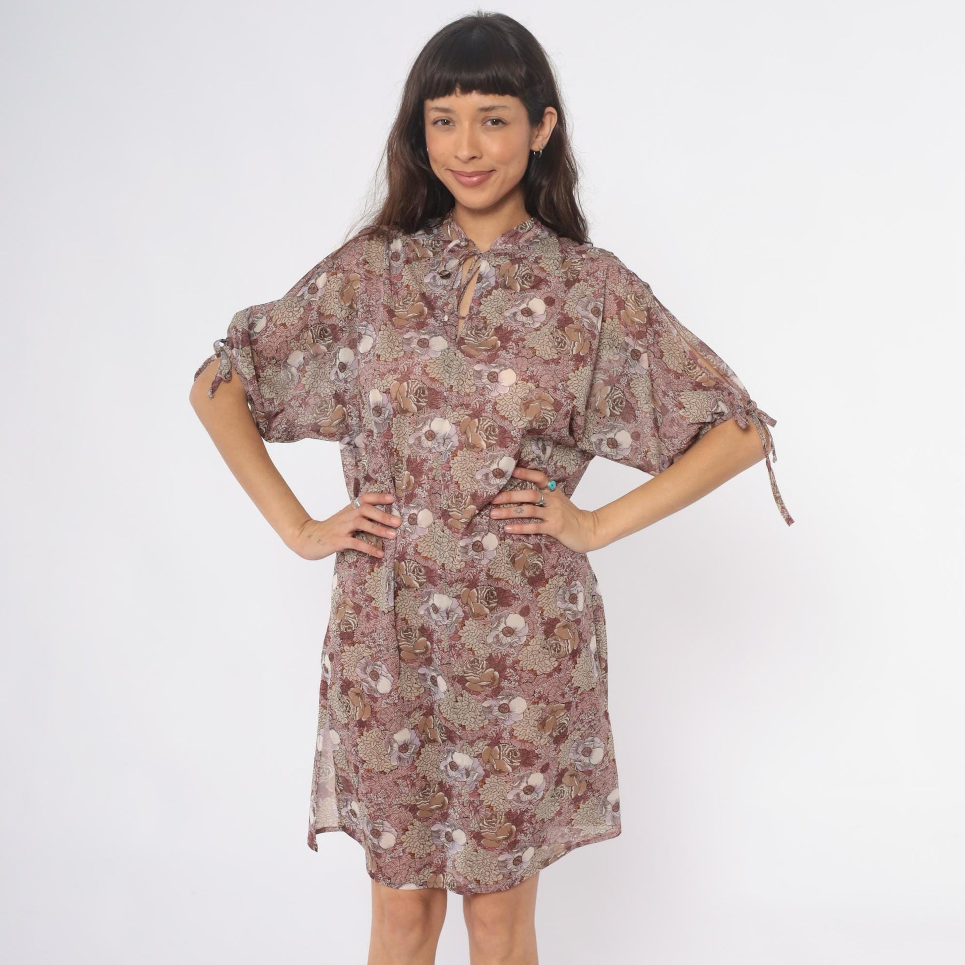 70s Trolley Car Floral Shift Dress Dusty Rose Tie Neck Knee Length Large L