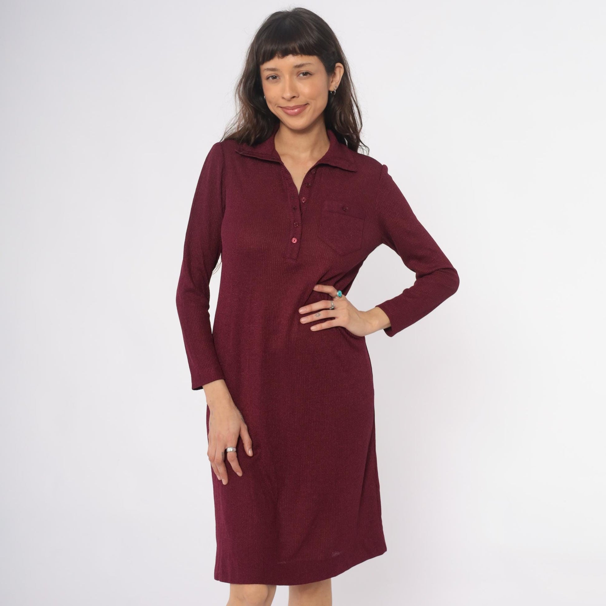 70s Burgundy Ribbed Knit Polo Dress Knee Length Collared Long Sleeve Medium