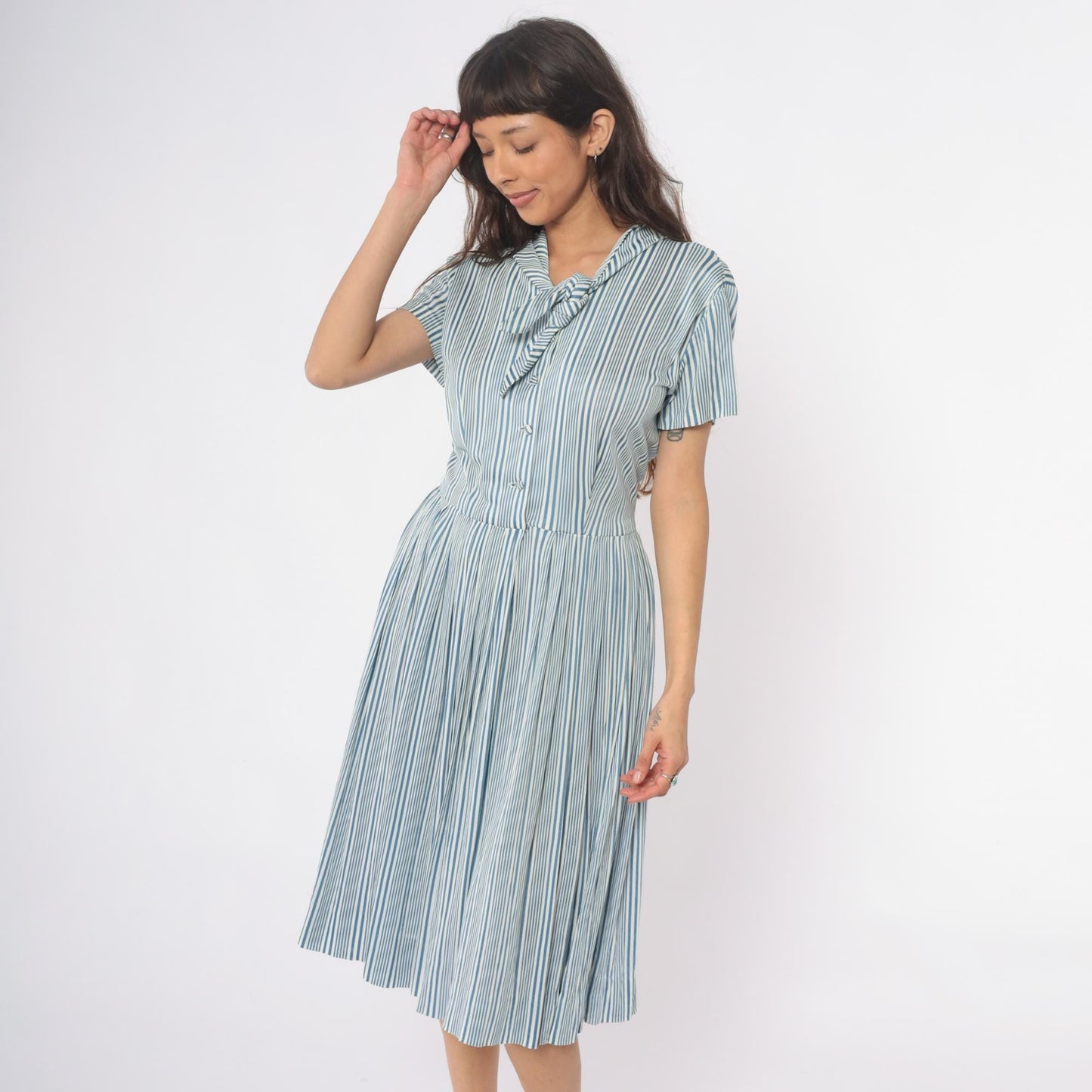 60s Nancy Greer Striped Midi Dress Blue White Mod Button Front Medium