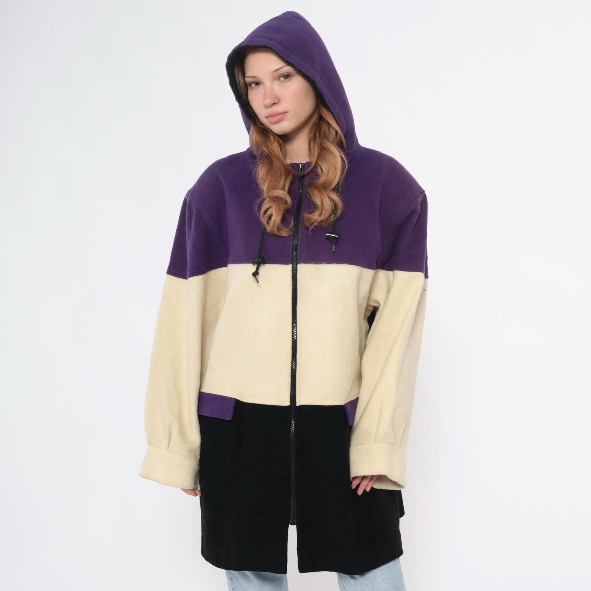 90s Spencer Douglas Colorblock Hooded Jacket Purple Cream Black Wool Blend Extra Large