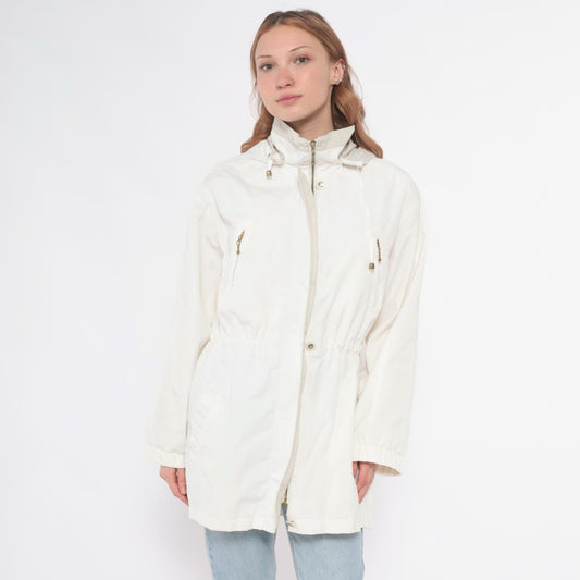 90s CS Essentials Cream Windbreaker Jacket Hooded Drawstring Medium M