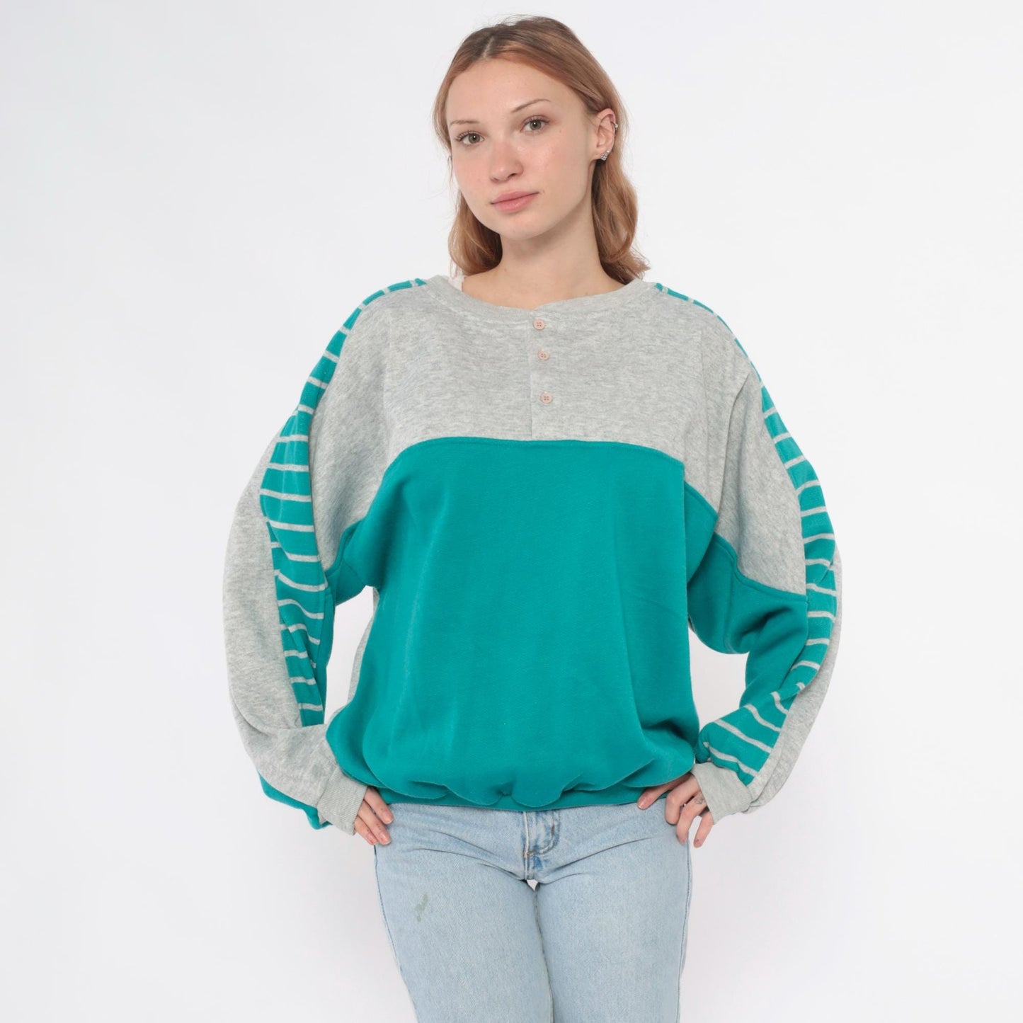 90s Teal Colorblock Sweatshirt Grey Striped Sleeve Crewneck Medium M