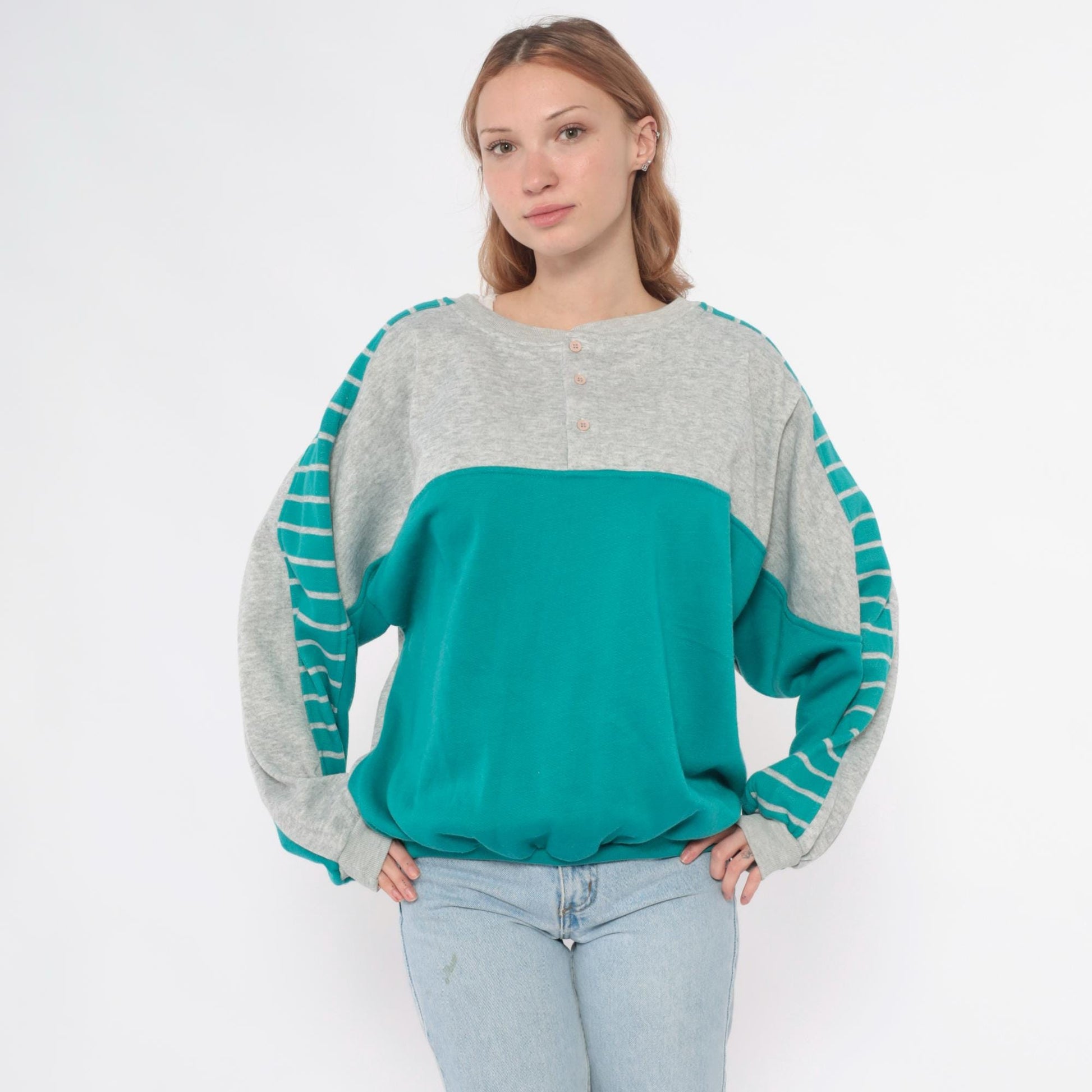 90s Teal Colorblock Sweatshirt Grey Striped Sleeve Crewneck Medium M