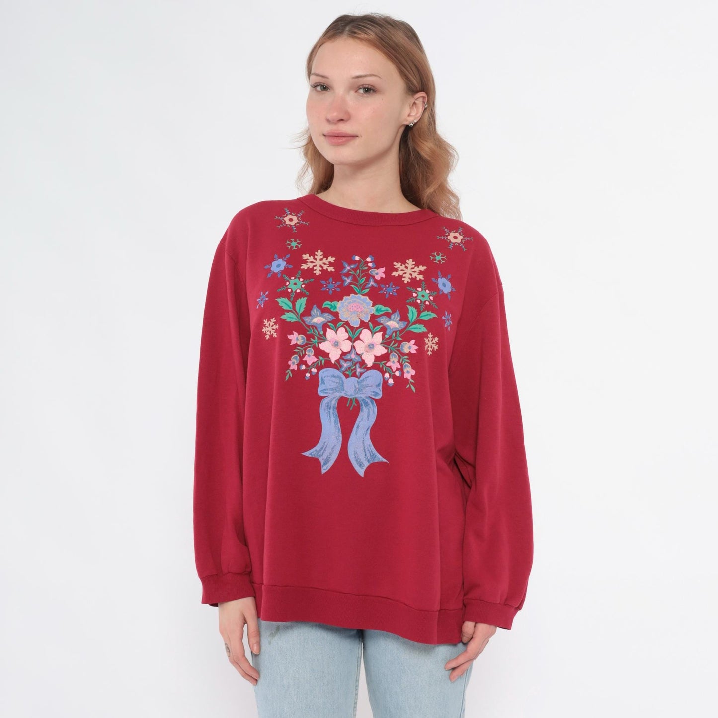 90s Hot Pink Floral Snowflake Embroidered Sweatshirt Crewneck Extra Large XXL
