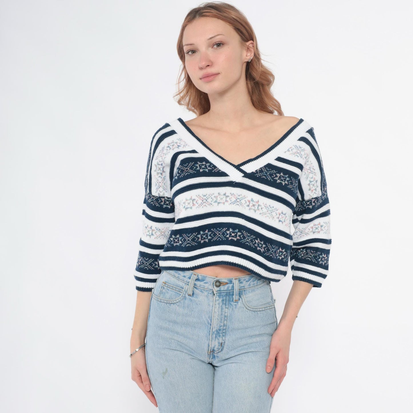 90s Navy Floral Striped V-Neck Knit Sweater Cotton Blend Medium M