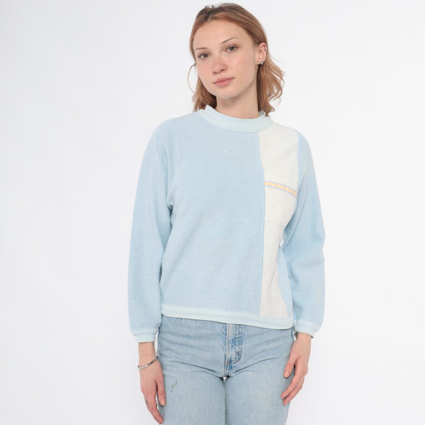 90s Willy Dee Light Blue Colourblock Sweatshirt Crew Neck Small S