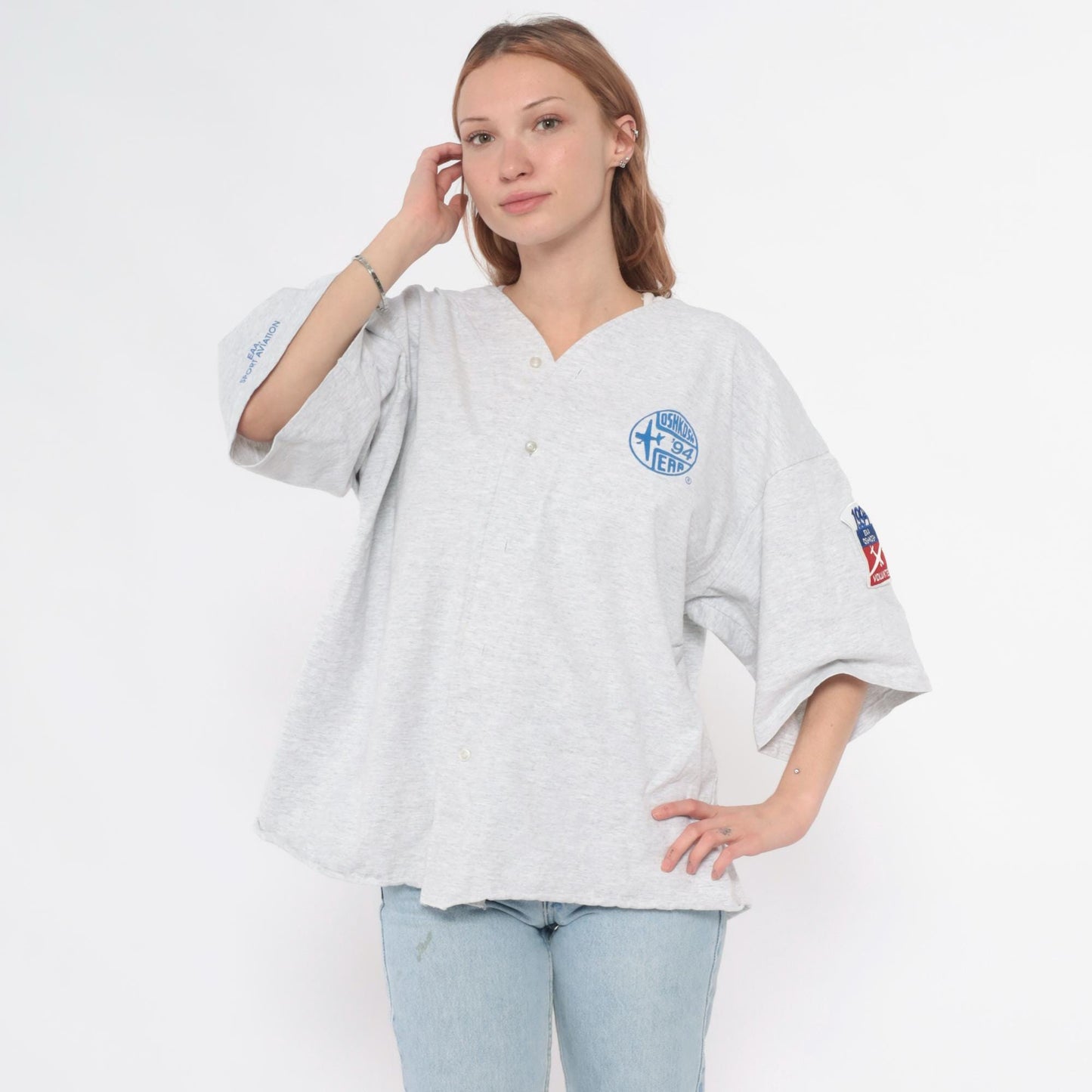 90s Motorsport Traditions EAA Oshkosh Volunteer Baseball Jersey Grey Cotton XL