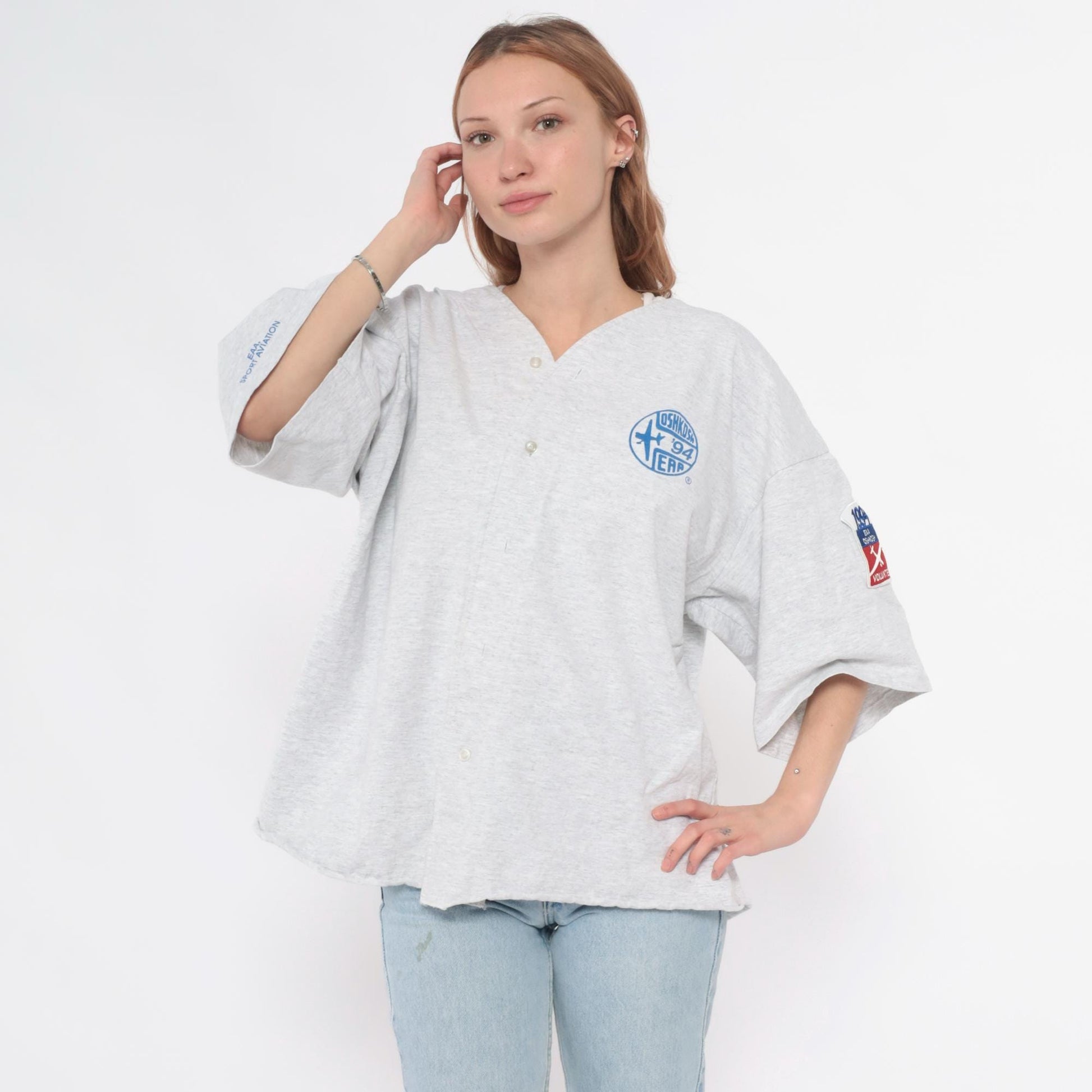 90s Motorsport Traditions EAA Oshkosh Volunteer Baseball Jersey Grey Cotton XL