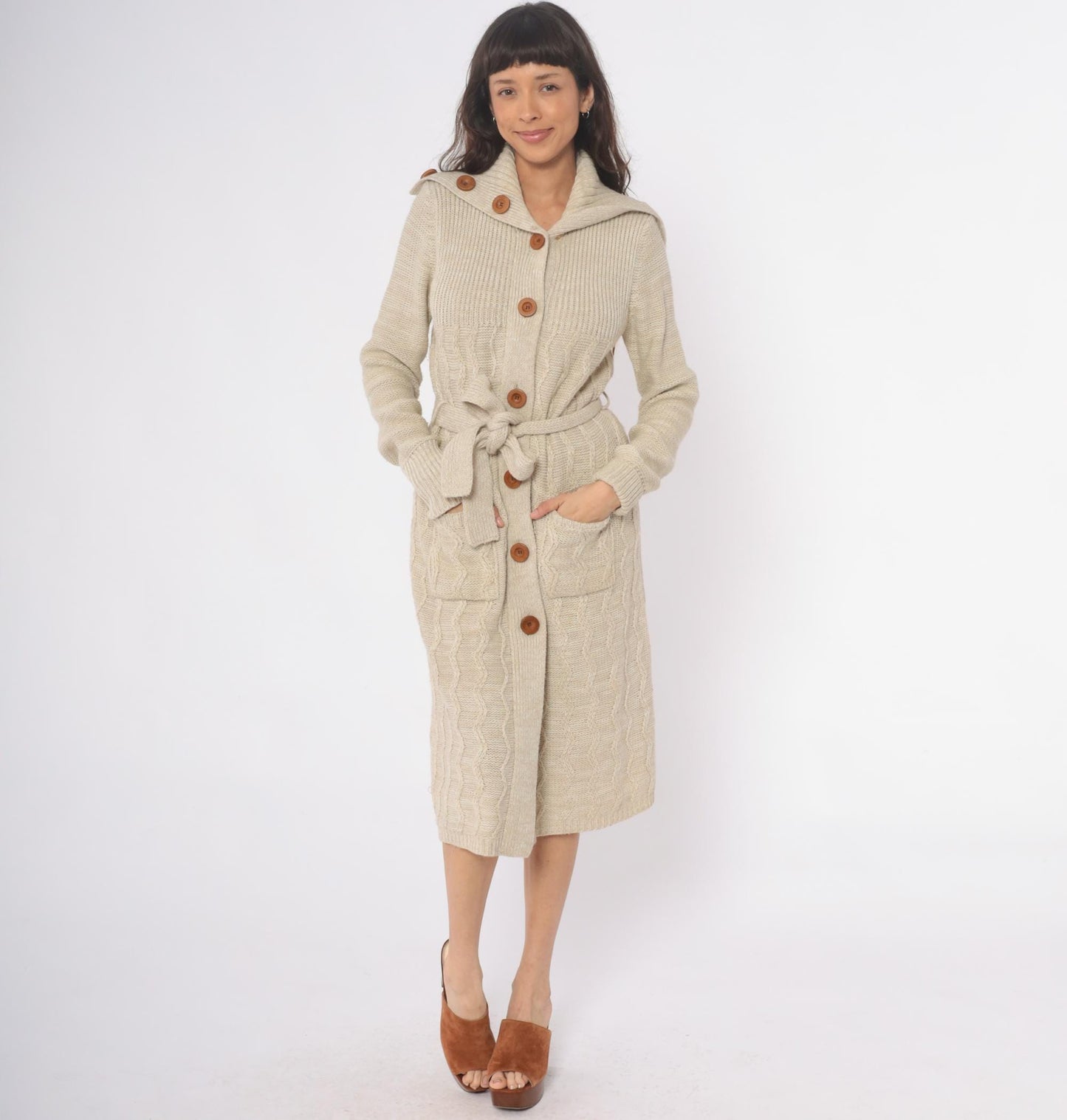 70s Dawn International Cable Knit Cardigan Cream Shawl Collar Duster Small