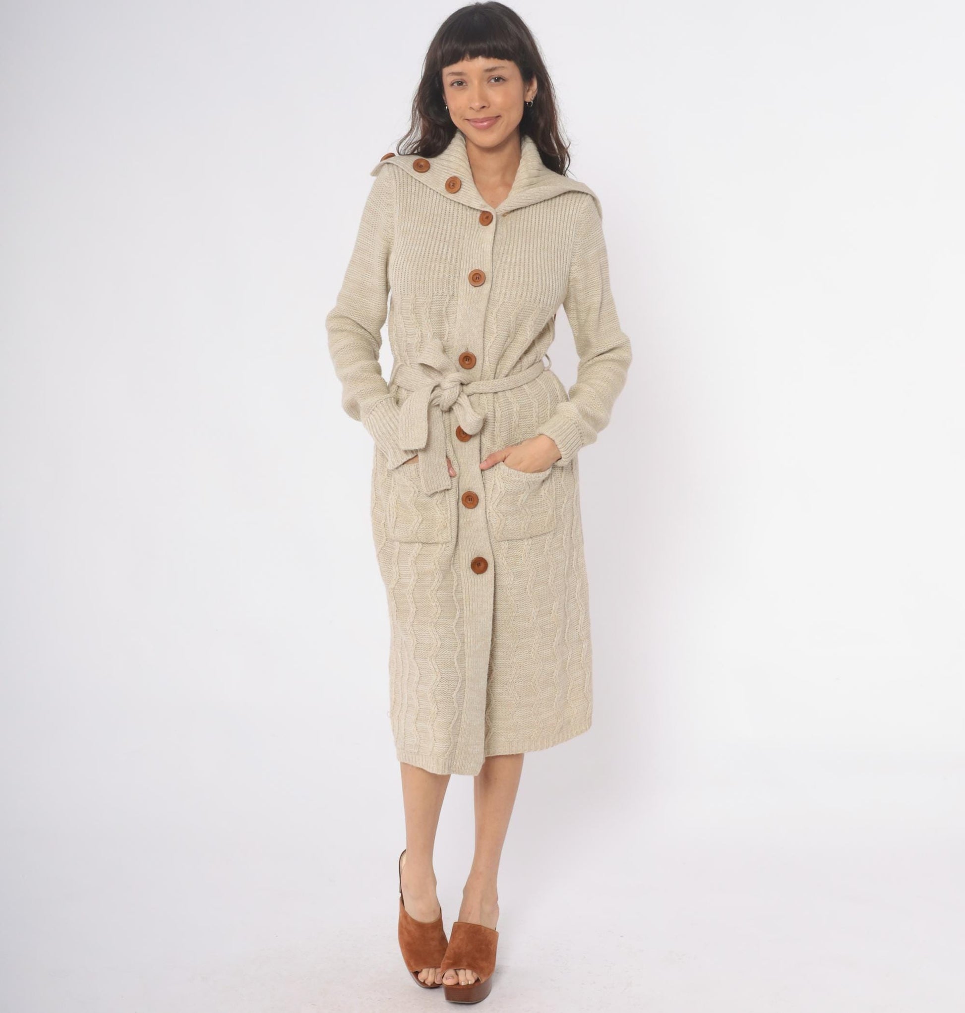 70s Dawn International Cable Knit Cardigan Cream Shawl Collar Duster Small