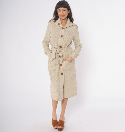 70s Dawn International Cable Knit Cardigan Cream Shawl Collar Duster Small
