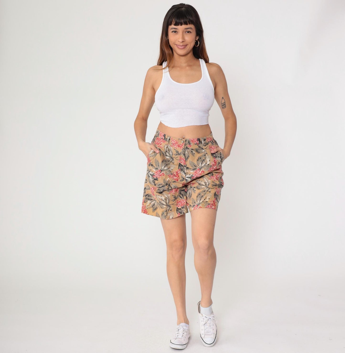 Y2K Jones New York Floral Shorts High Waisted Pleated Linen Tan Large L