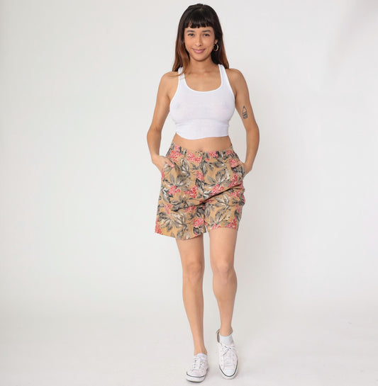 Y2K Jones New York Floral Shorts High Waisted Pleated Linen Tan Large L