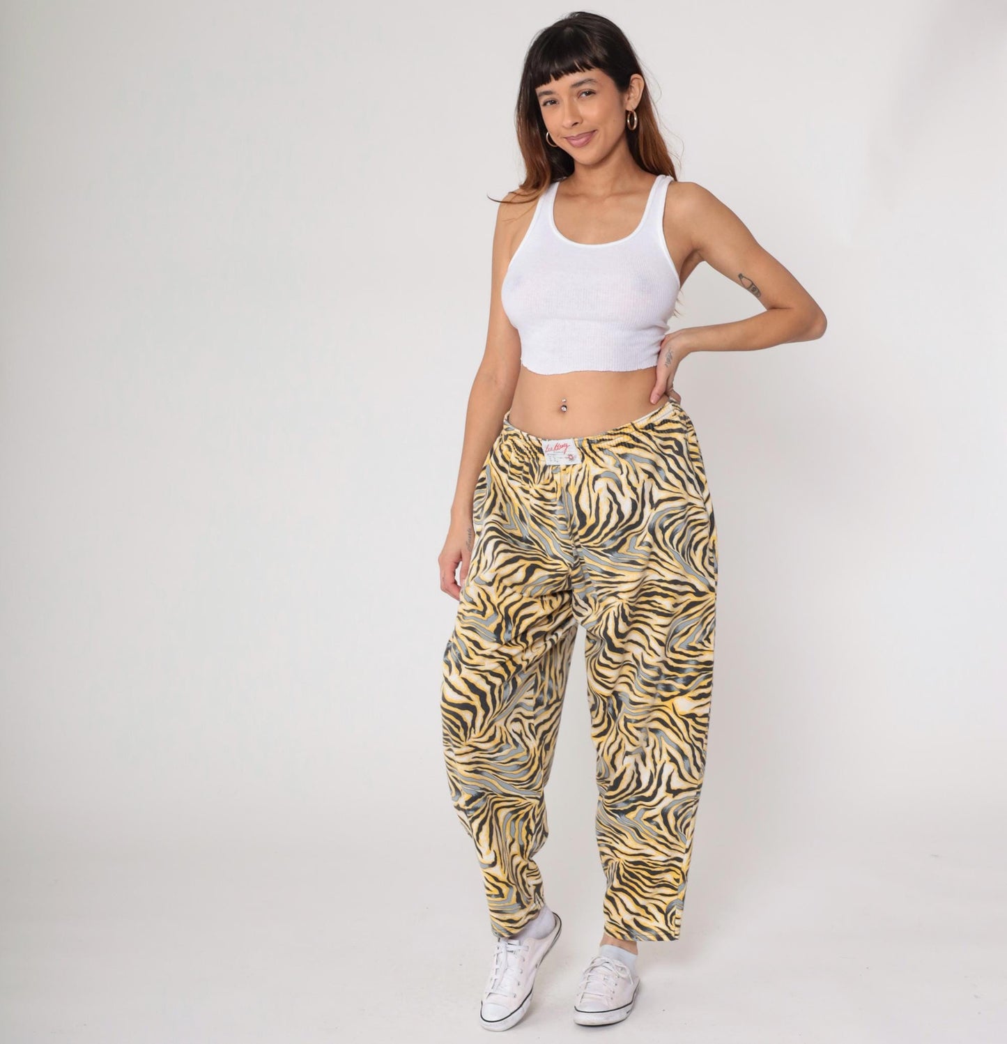 90s Body Bizz Abstract Tiger Print Pants Yellow Gold Black Large L