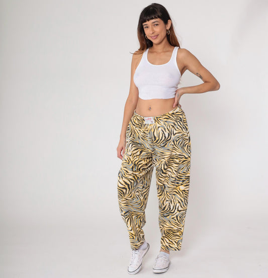 90s Body Bizz Abstract Tiger Print Pants Yellow Gold Black Large L