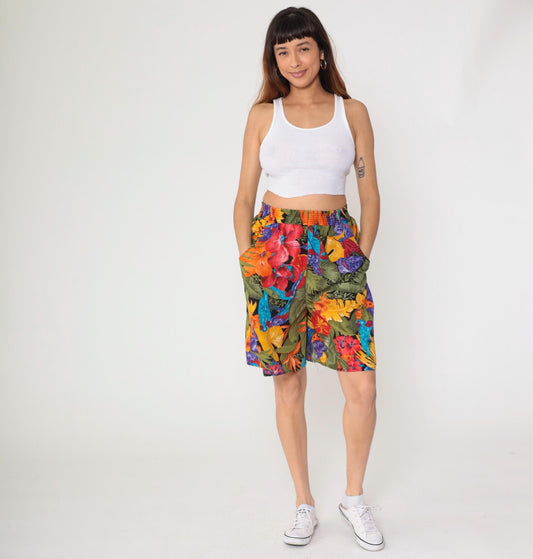 90s Connections Tropical Floral Shorts High Waist Botanical Print Medium M