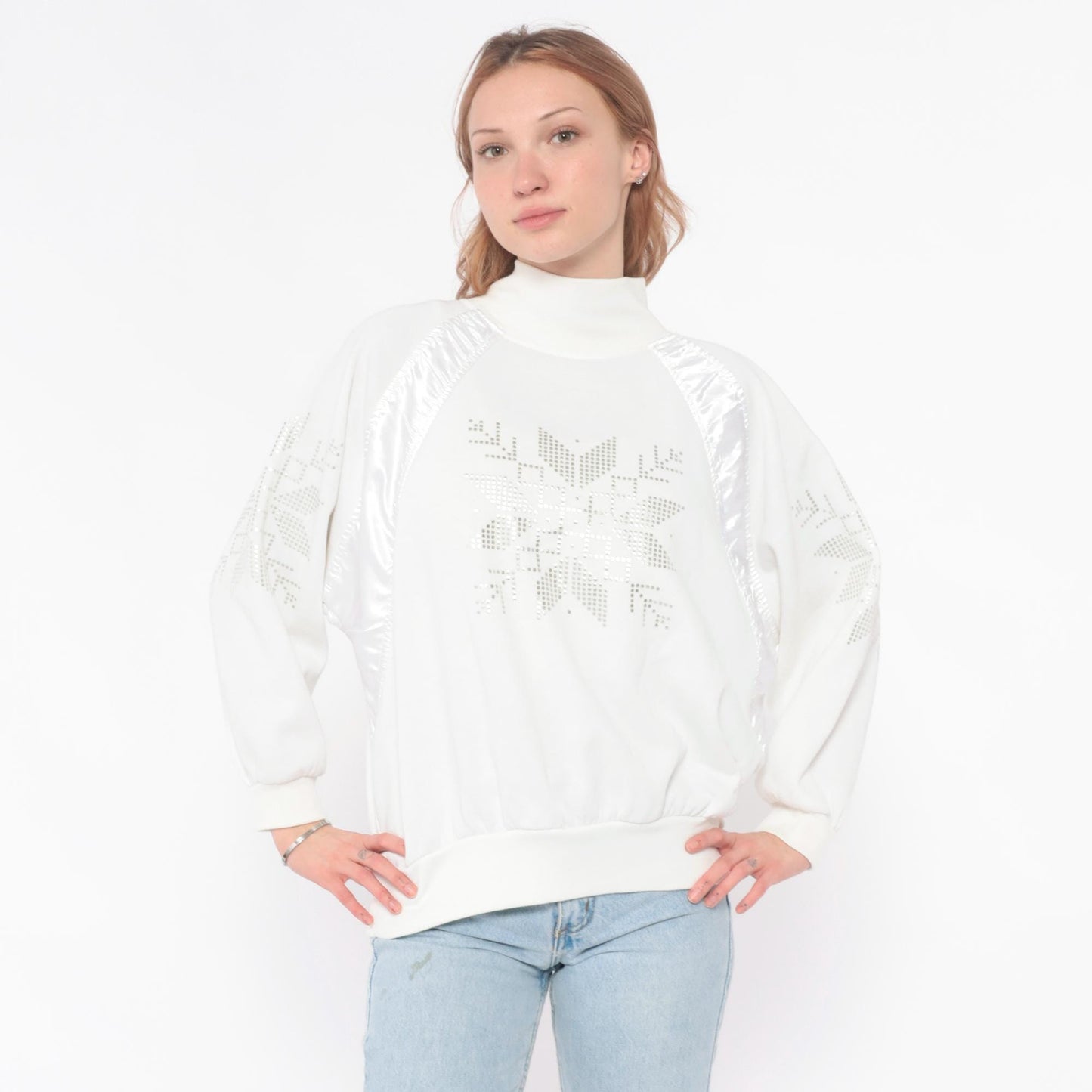 90s Adidas White Rhinestone Snowflake Sweatshirt Satin Panel Medium M