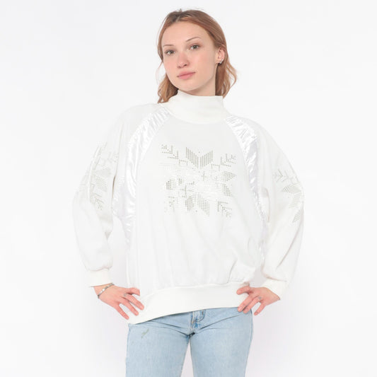90s Adidas White Rhinestone Snowflake Sweatshirt Satin Panel Medium M