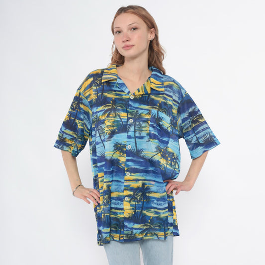 Y2K Pineapple Connection Hawaiian Shirt Blue Yellow Palm Tree Print Large L