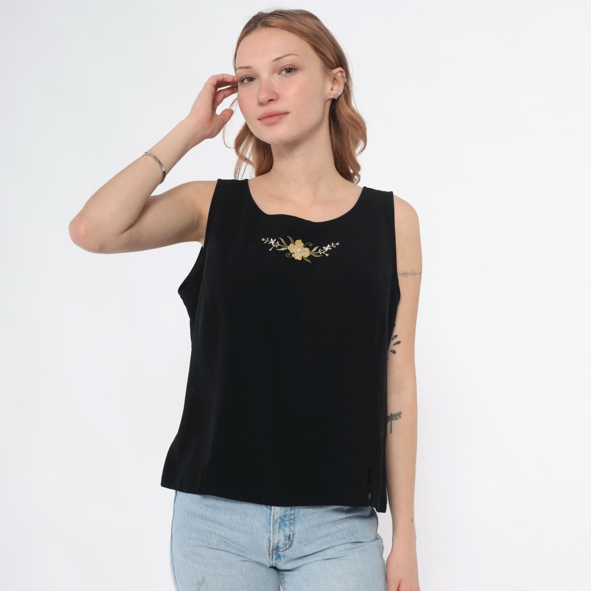 90s Peter Popovitch Black Tank Top Gold Floral Embroidery Large L