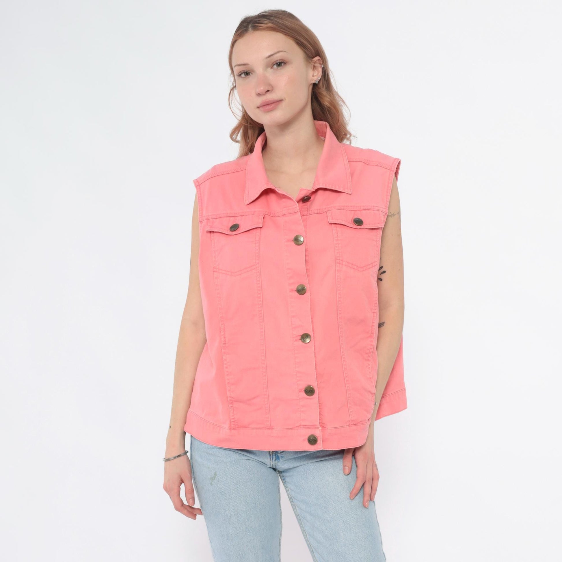 90s Bend Over Pink Denim Vest Button Front Pointed Collar Extra Large XL
