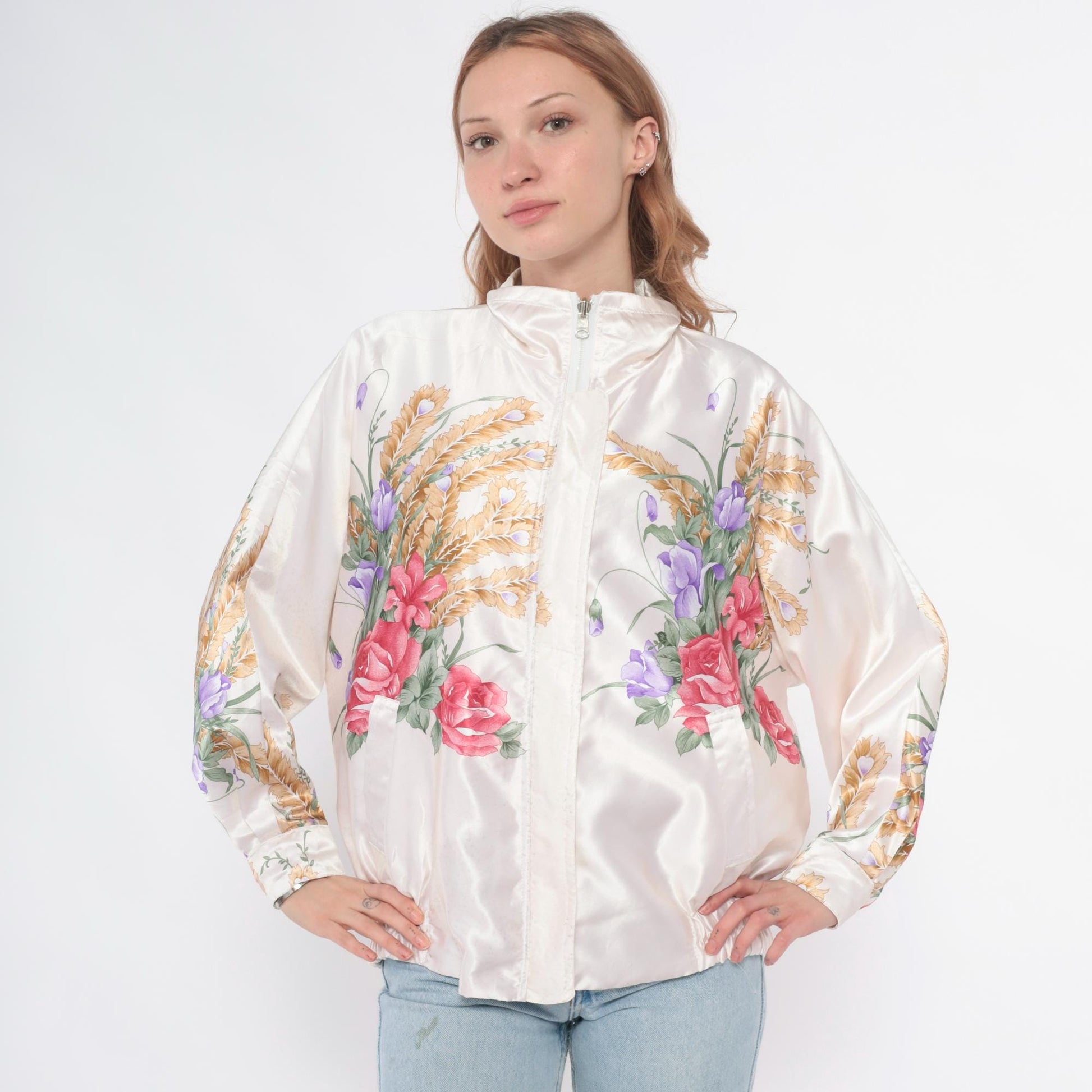 90s Floral Windbreaker Jacket White Zip Botanical Print Medium M