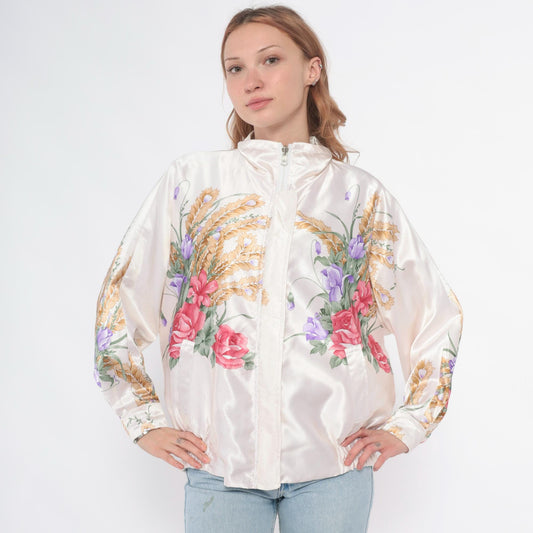 90s Floral Windbreaker Jacket White Zip Botanical Print Medium M