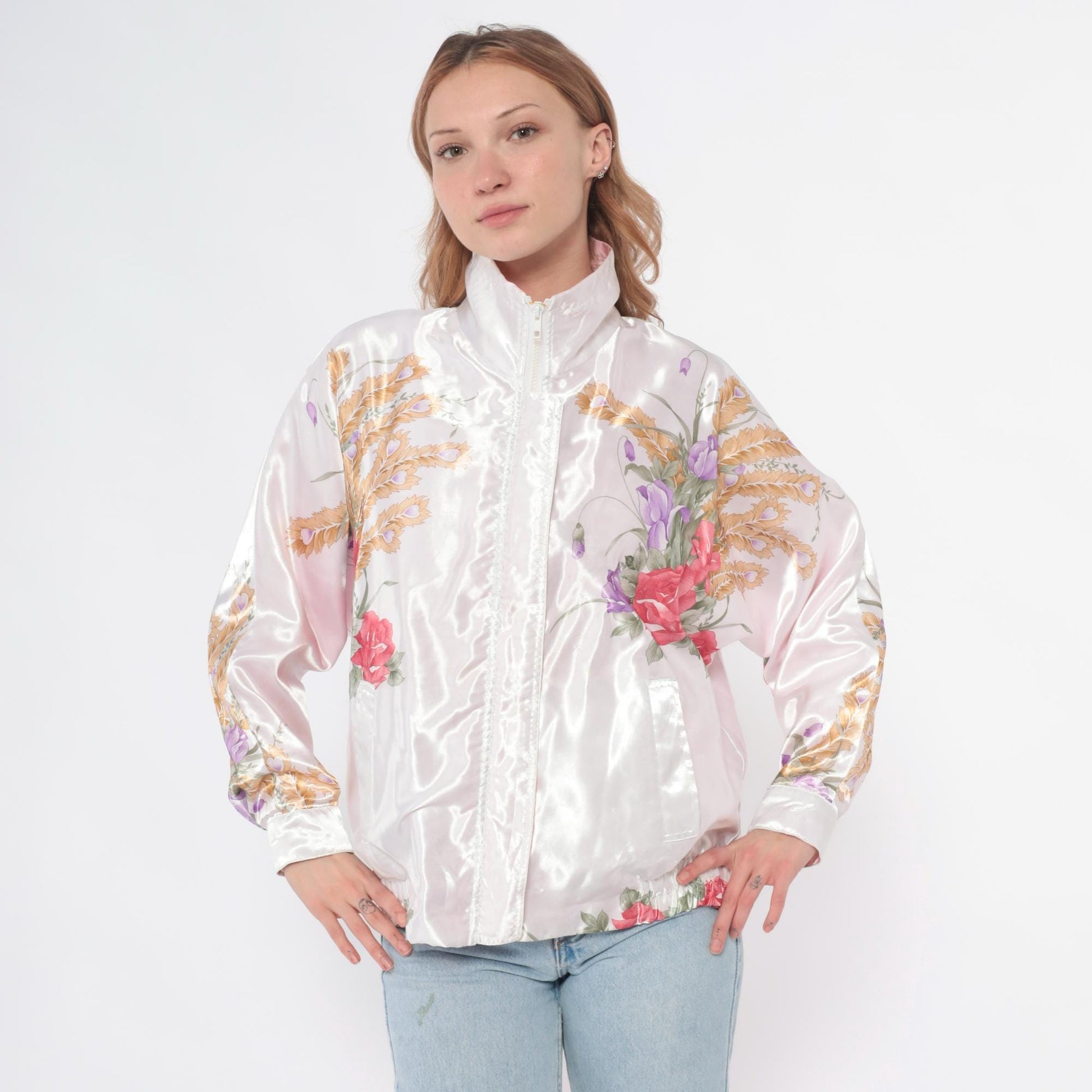 90s Floral Satin Bomber Jacket White Pink Rose Purple Wheat Zip Medium