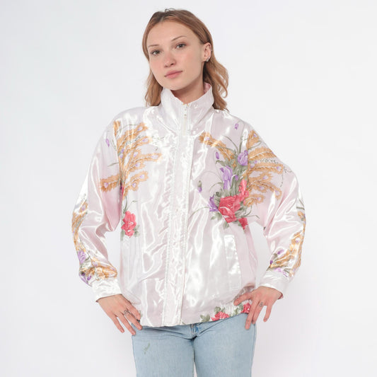 90s Floral Satin Bomber Jacket White Pink Rose Purple Wheat Zip Medium