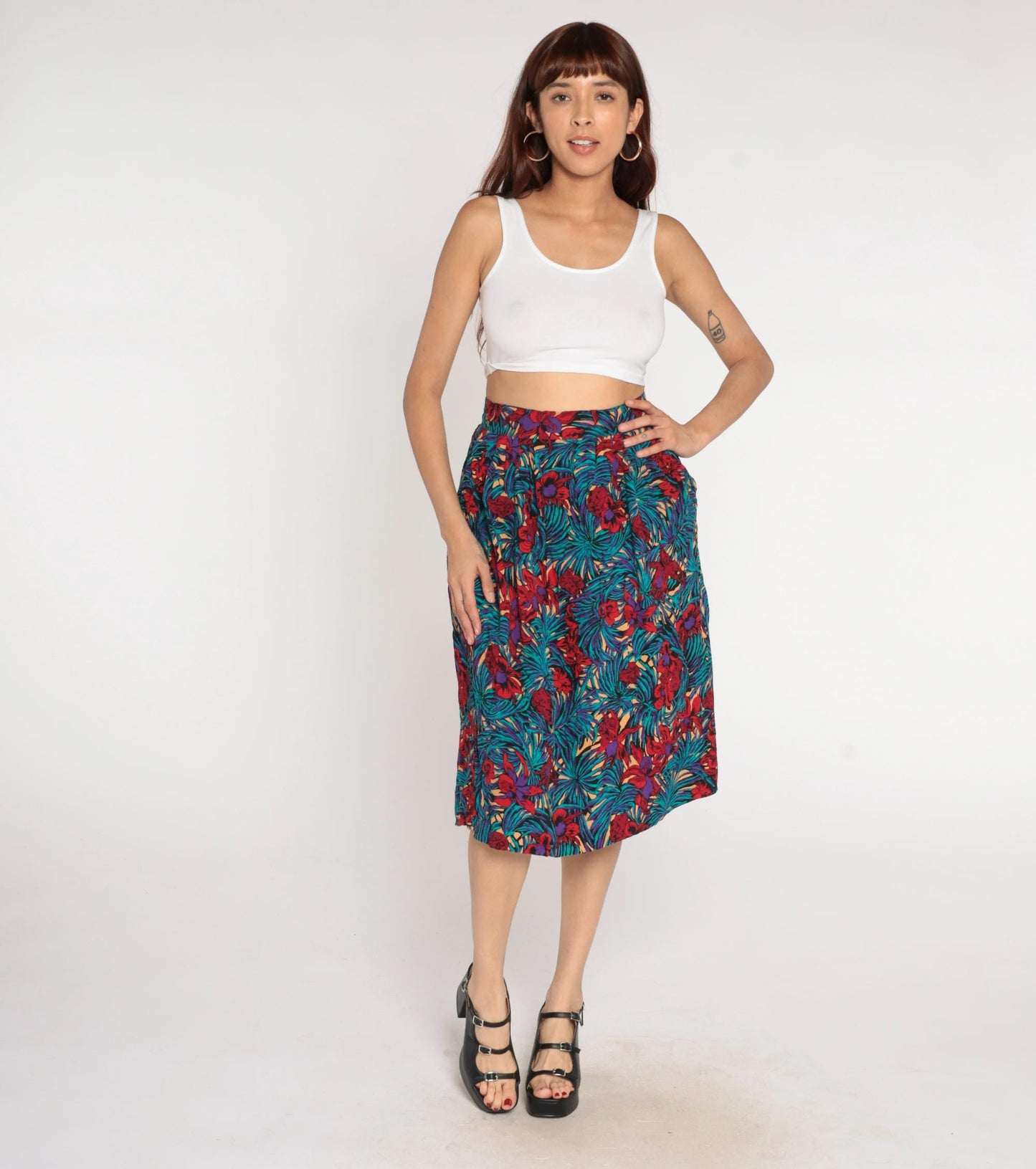 90s Tropical Palm Floral Maxi Skirt Turquoise Purple Elastic Waist Medium