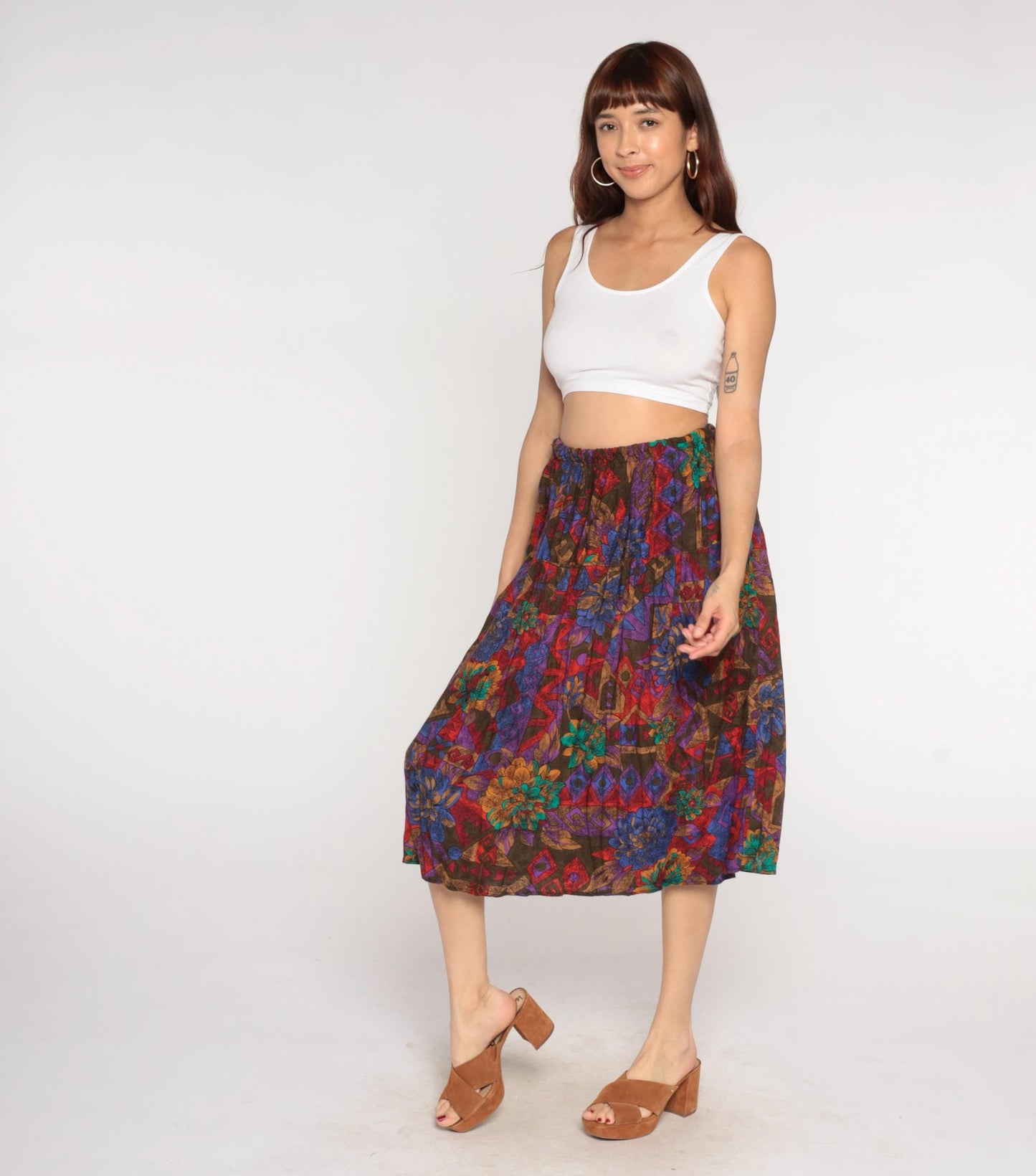 90s Abstract Floral Midi Skirt Multicolor Geometric Print Elastic Waist Plus Size XXXL