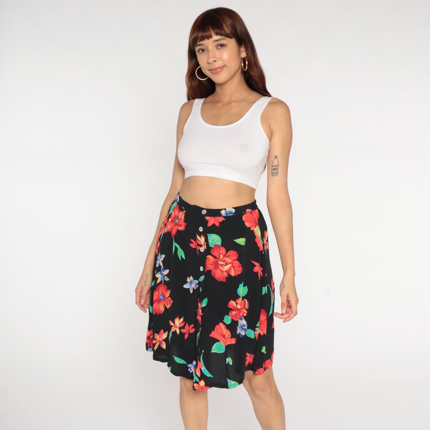 90s Worthington Floral Mini Skirt Black Button Front Tropical Print Large