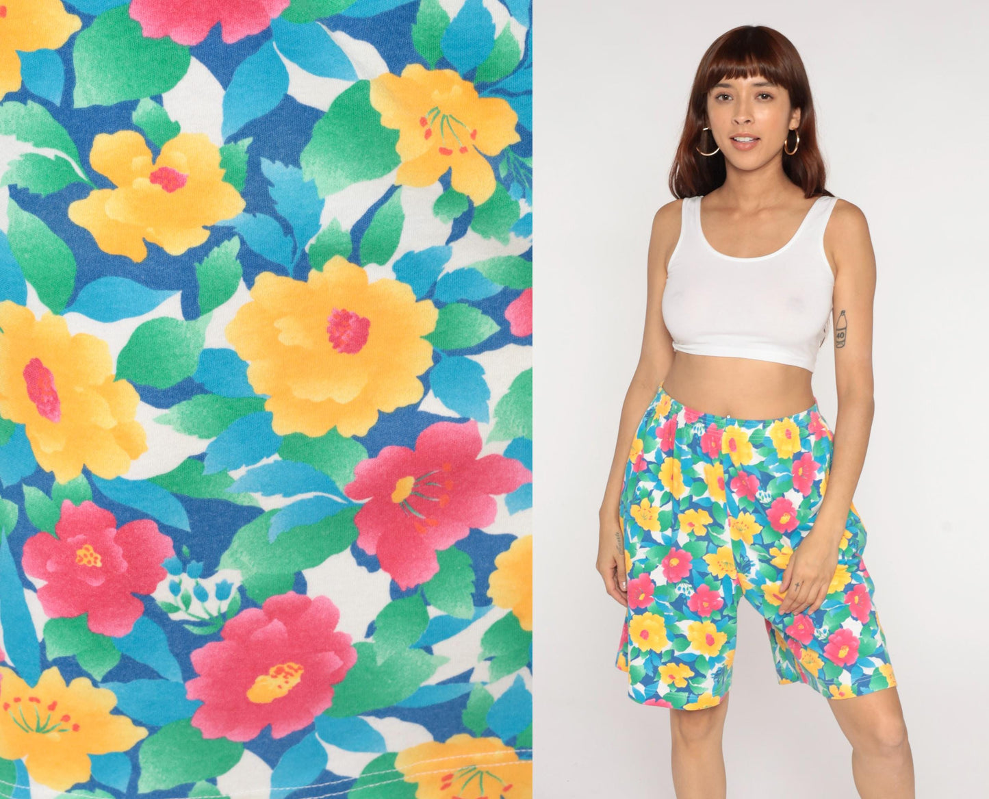 90s Napa Valley Floral Shorts High Rise Elastic Waist Yellow Pink Blue Medium