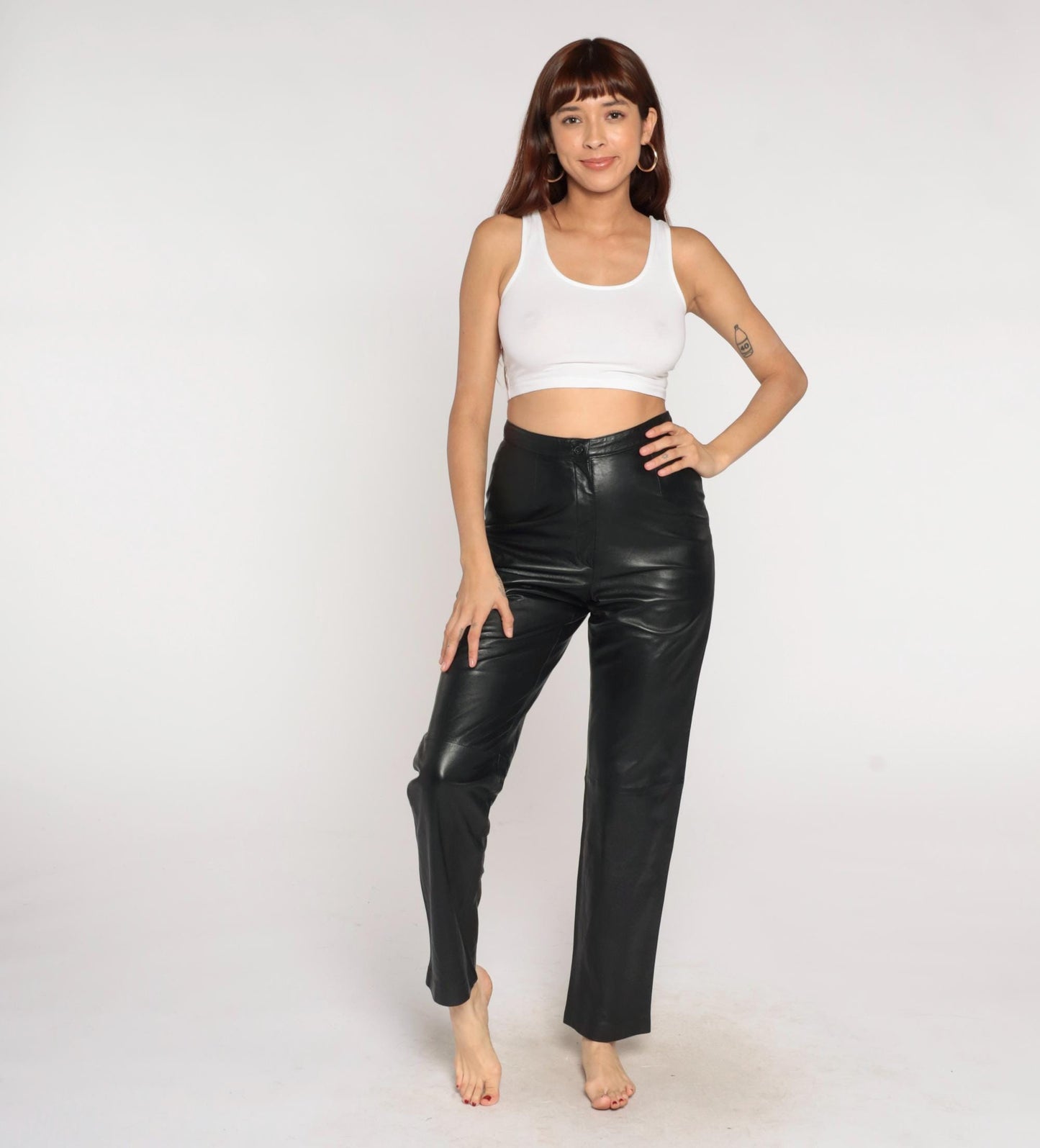 90s Black Leather Pants High Waist Straight Leg Small S