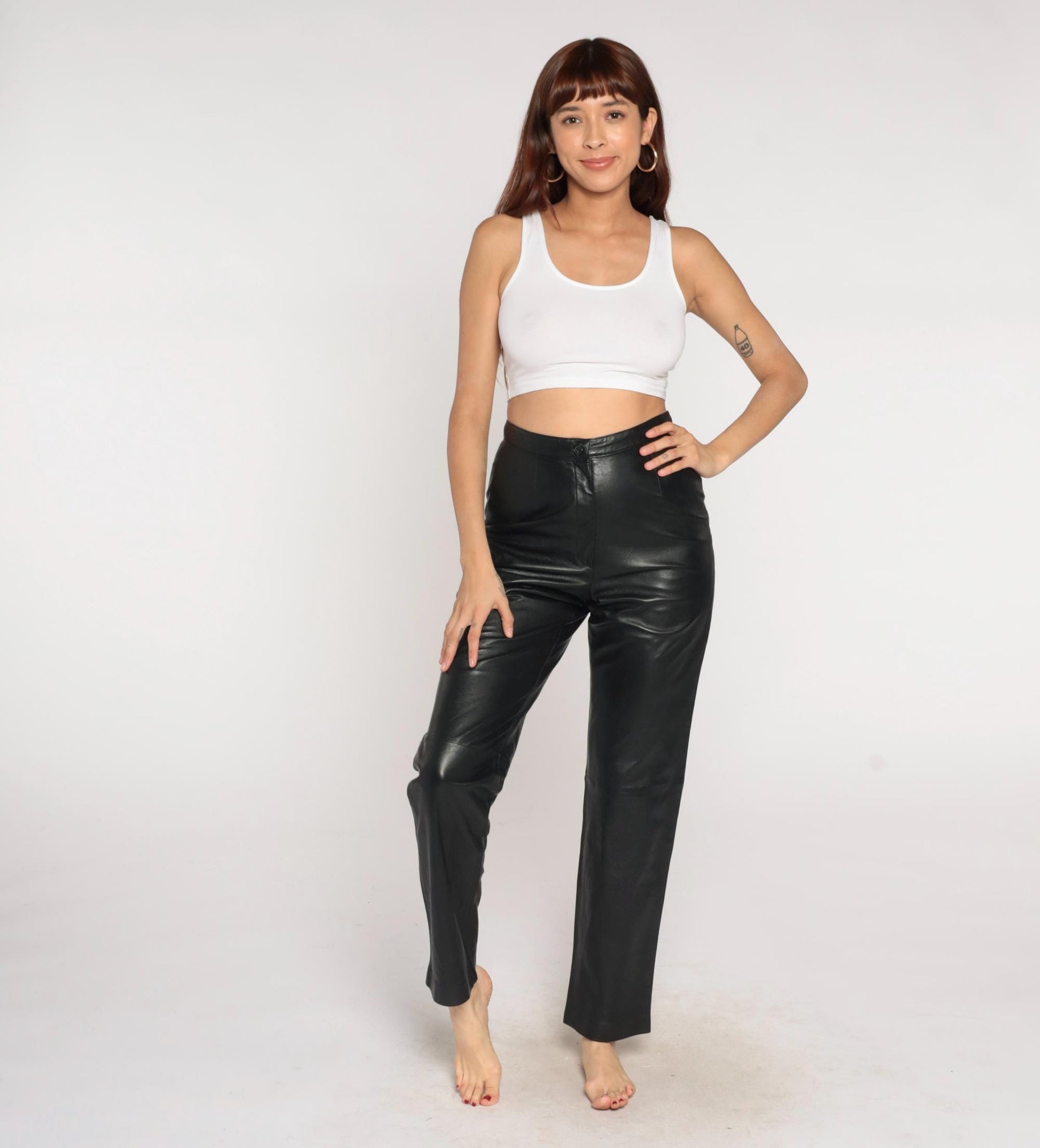 90s Black Leather Pants High Waist Straight Leg Small S