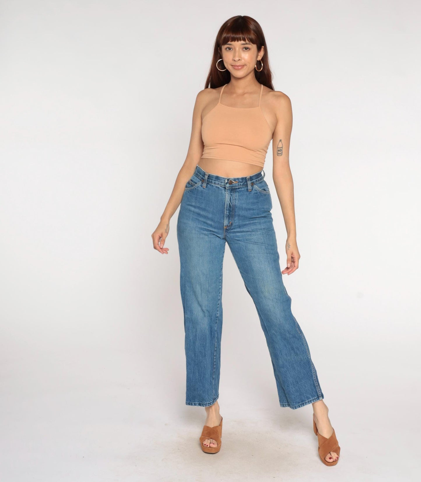 80s H.I.S High Waisted Straight Leg Jeans Medium Blue Orange Stitching Medium