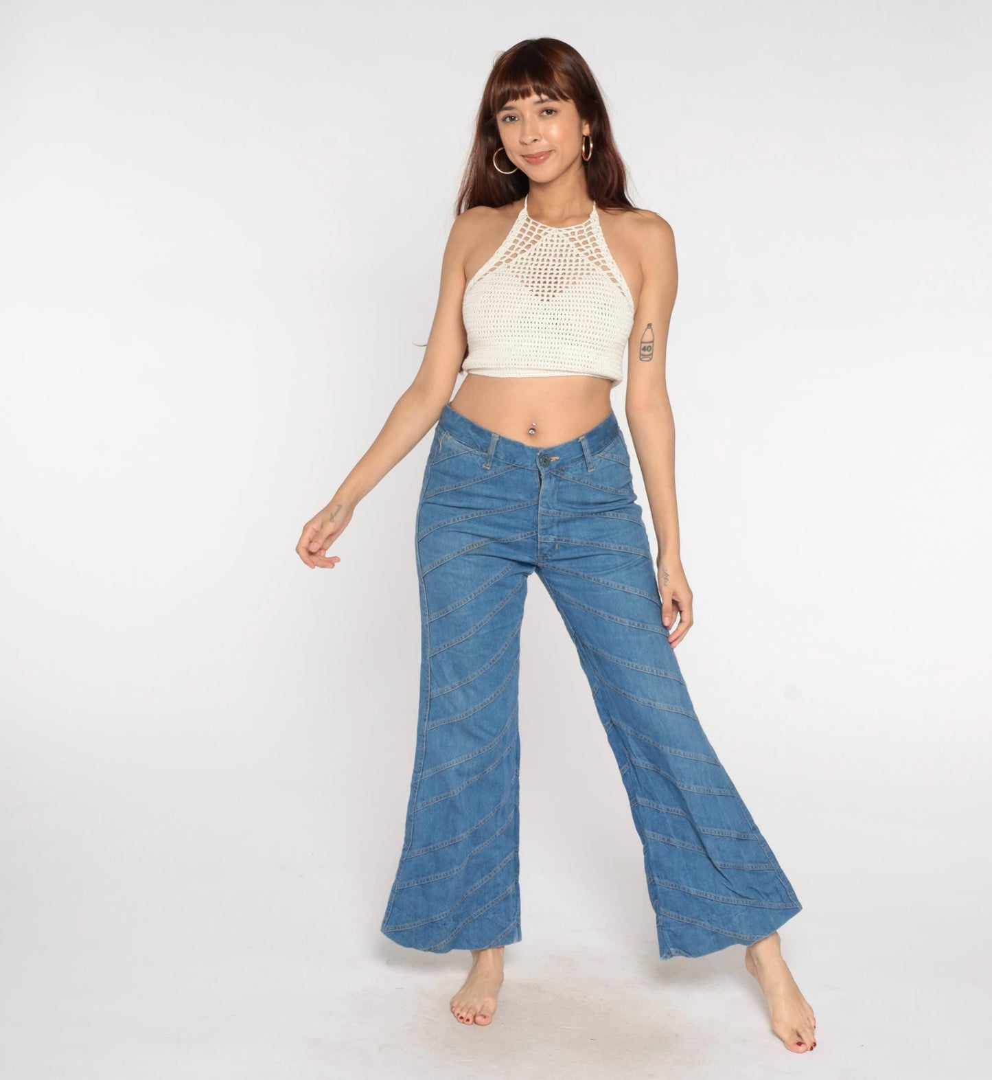 70s Light Blue Denim Bell Bottom Jeans Chevron Seam High Waist Large