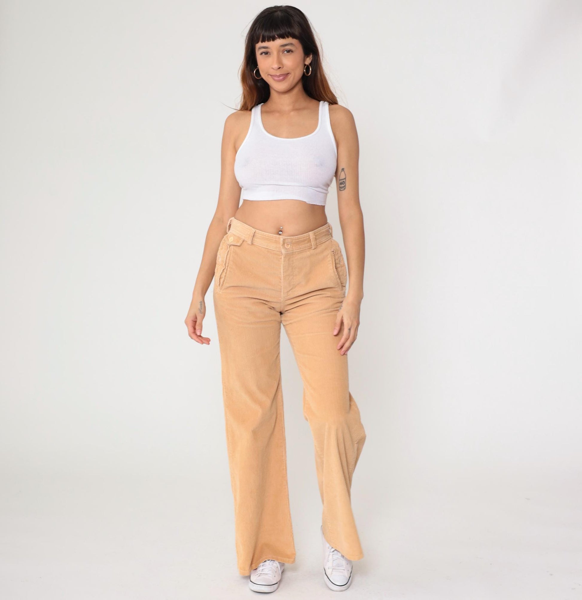 80s A Smile Inc Corduroy Bell Bottom Pants Beige High Waist Small