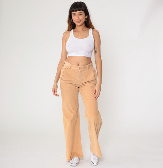 80s A Smile Inc Corduroy Bell Bottom Pants Beige High Waist Small