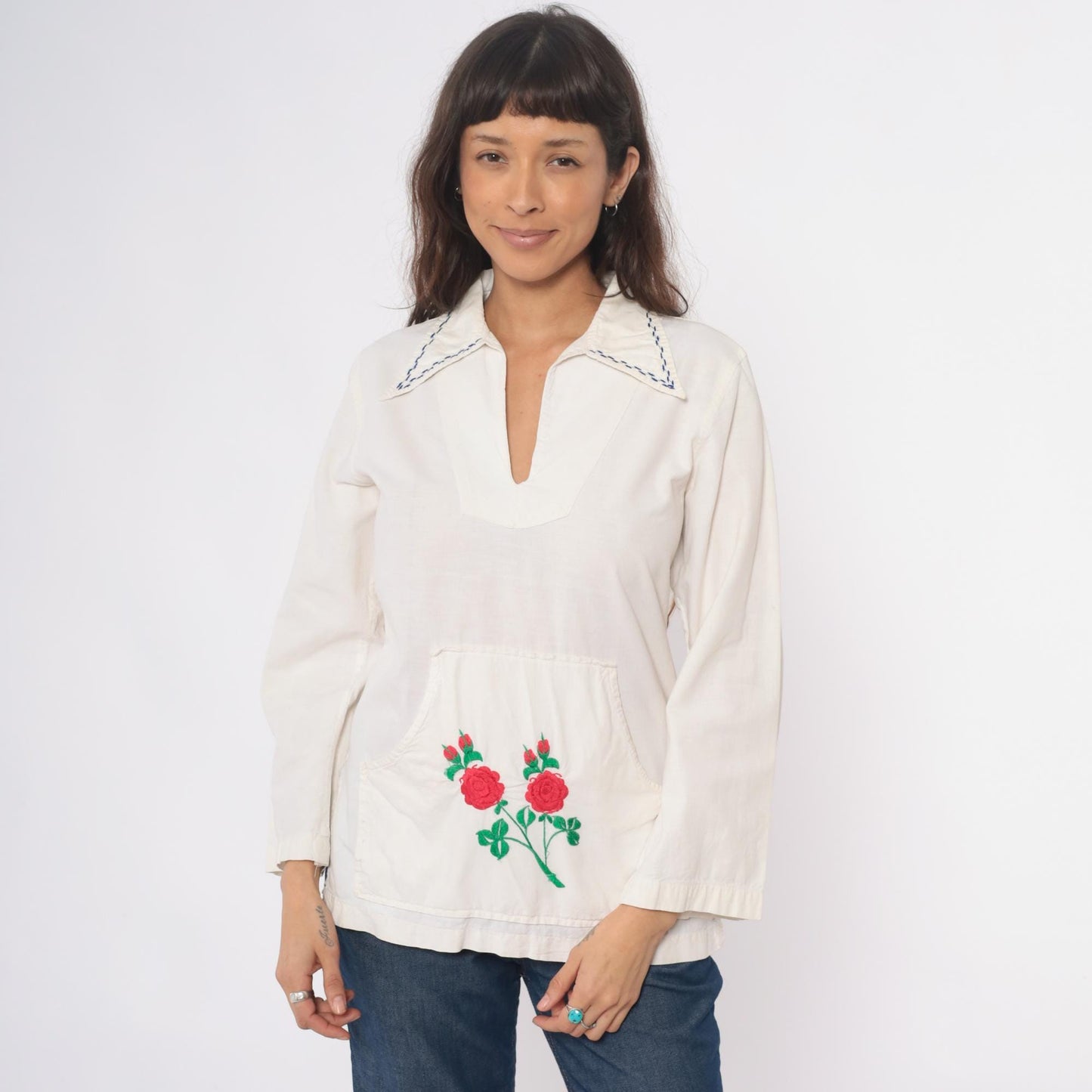 70s Cream Embroidered Rose Tunic Cotton Peasant Blouse Medium M