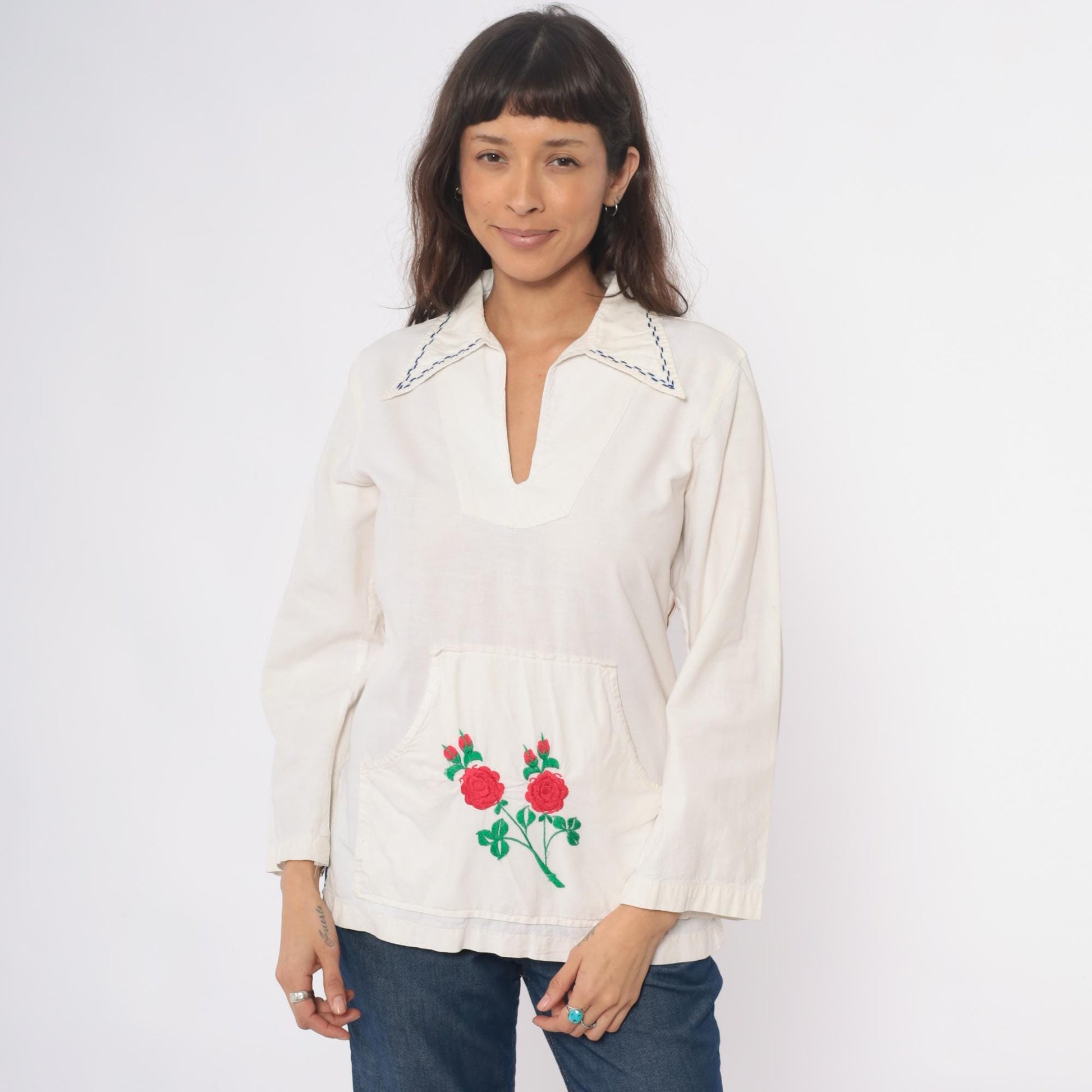 70s Cream Embroidered Rose Tunic Cotton Peasant Blouse Medium M