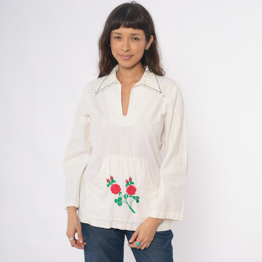 70s Cream Embroidered Rose Tunic Cotton Peasant Blouse Medium M