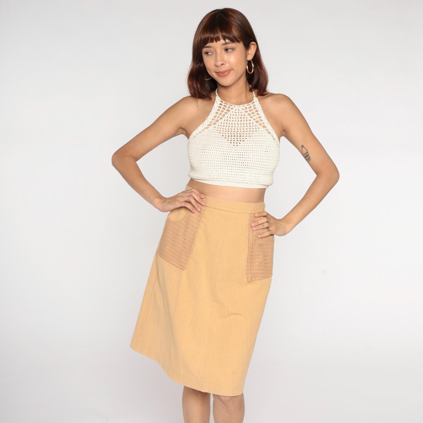 70s Beige A-Line Mini Skirt Crochet Pocket Cotton Linen Medium M