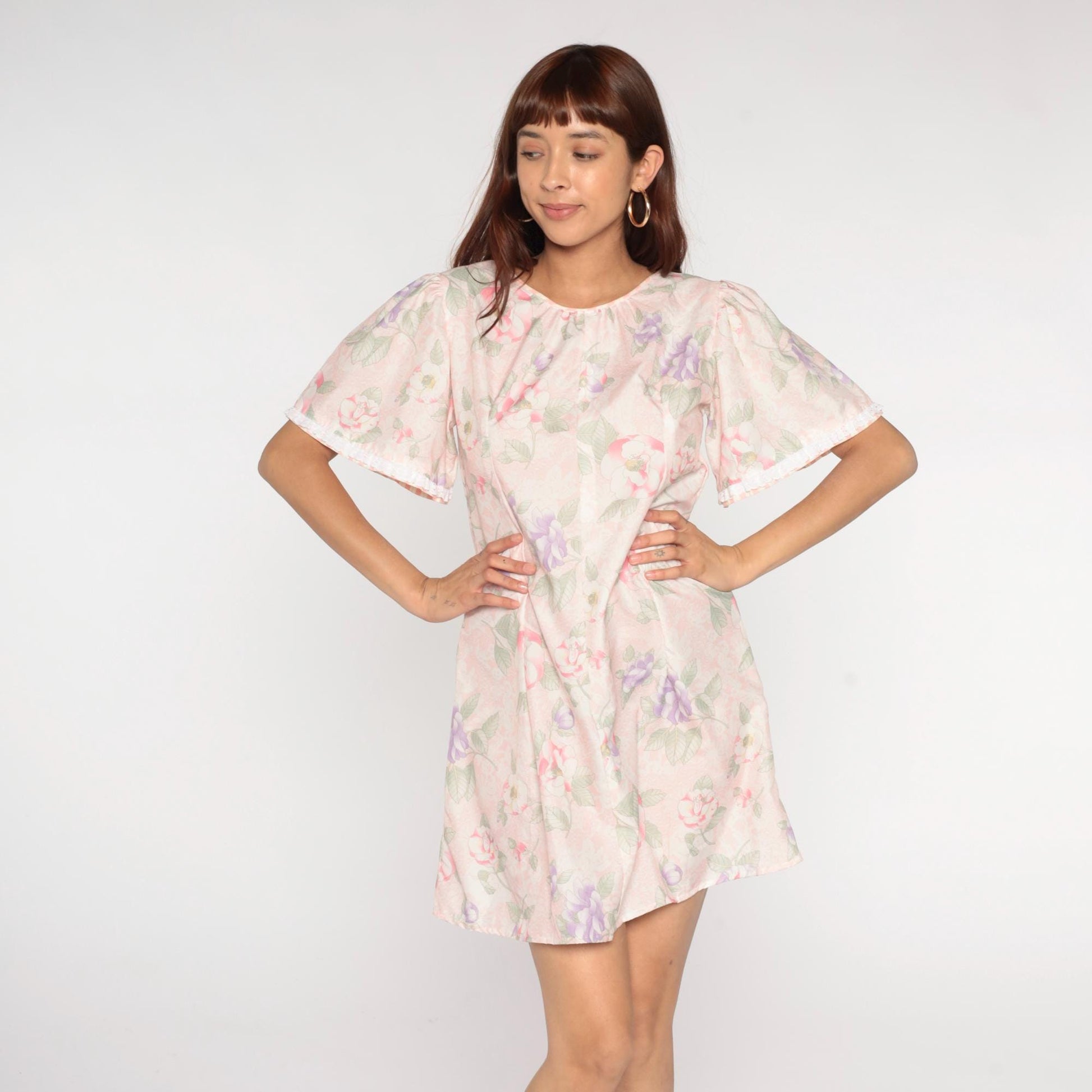 80s Pastel Floral Mini Dress Puff Sleeve Pink Purple Green A-Line Medium M